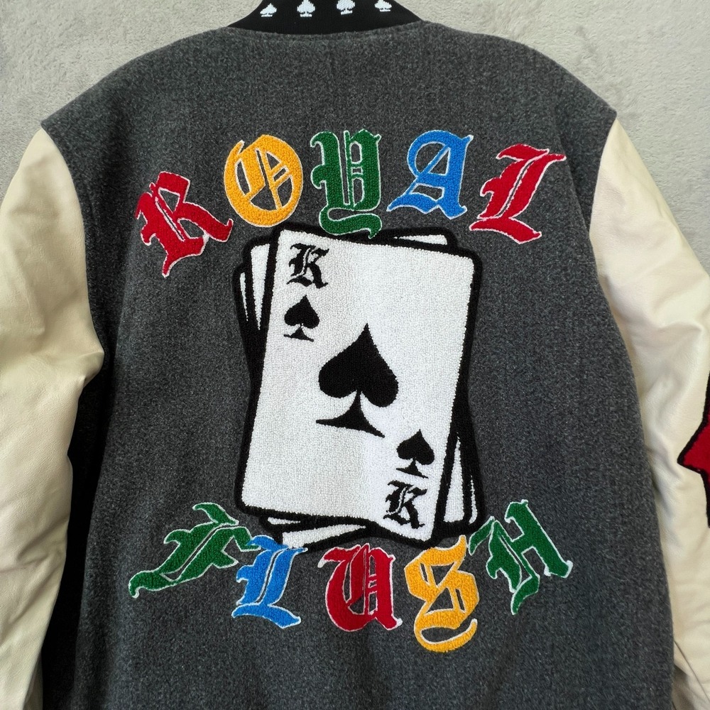 Boohoo MAN Letterman Varsity Bomber Patch Jacket Playing Cards Spade Medium - Picture 6 of 14